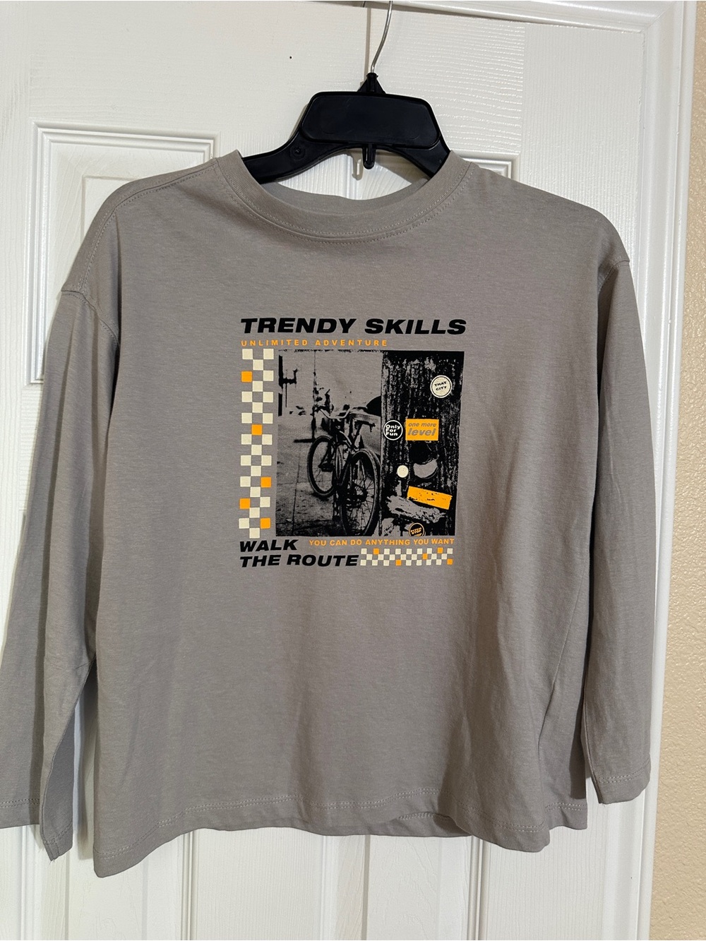 Zara Gray Long Sleeve Tee with Bike Graphic and Yellow Accents